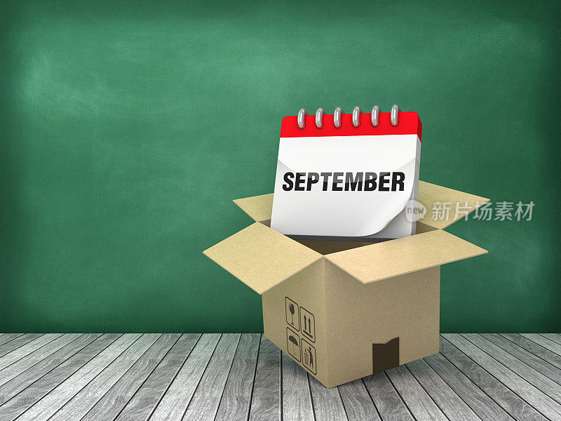 硬纸板盒与九月日历在木地板上-黑板背景- 3D渲染
